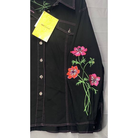 Bob Mackie Wearable Art Button Up Black Denim Jacket Embroidered Florals 1X EUC - Picture 4 of 9